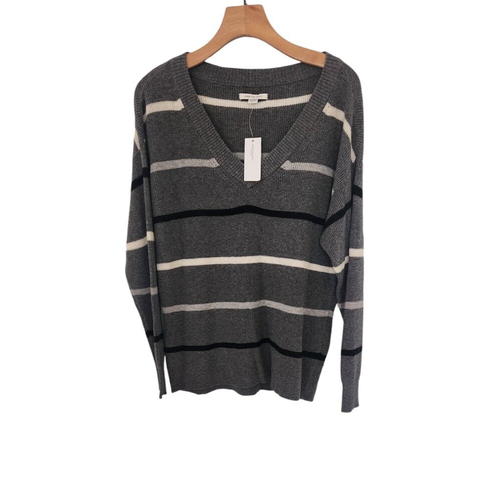 American‎ Eagle V-Neck Sweater Long Sleeve Gray White Striped Womens XS NEW NWT